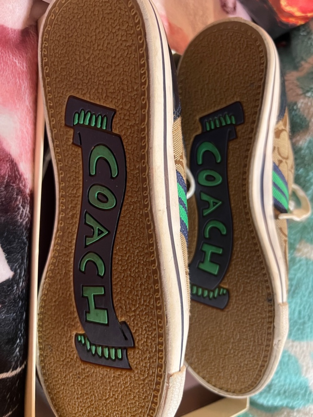 Coach Tan Signature Canvas Sneaker with Green and Navy Stripe - Picture 5 of 6